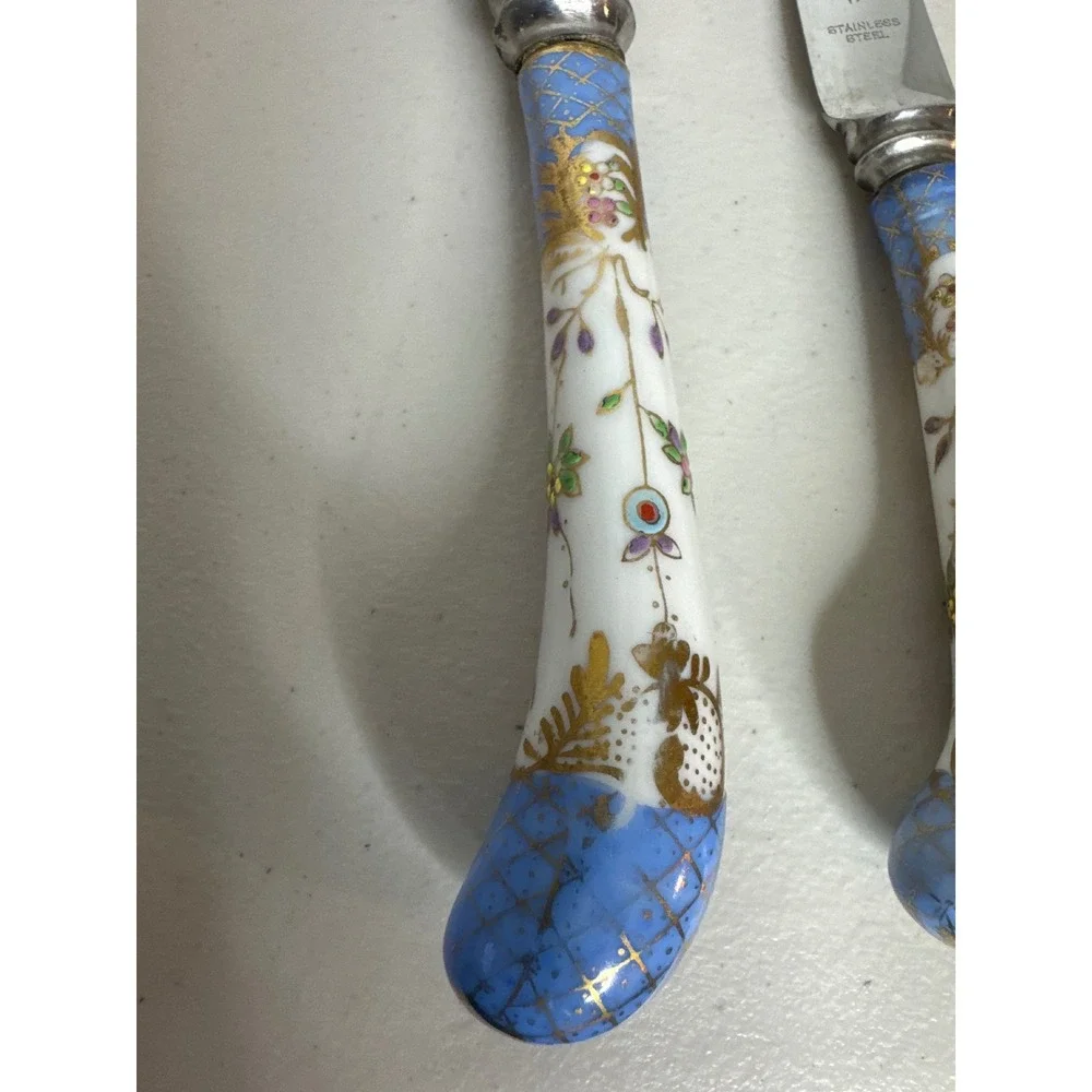 William Adams Sheffield England Stainless Knife Set Floral Ceramic Handles 2pc
